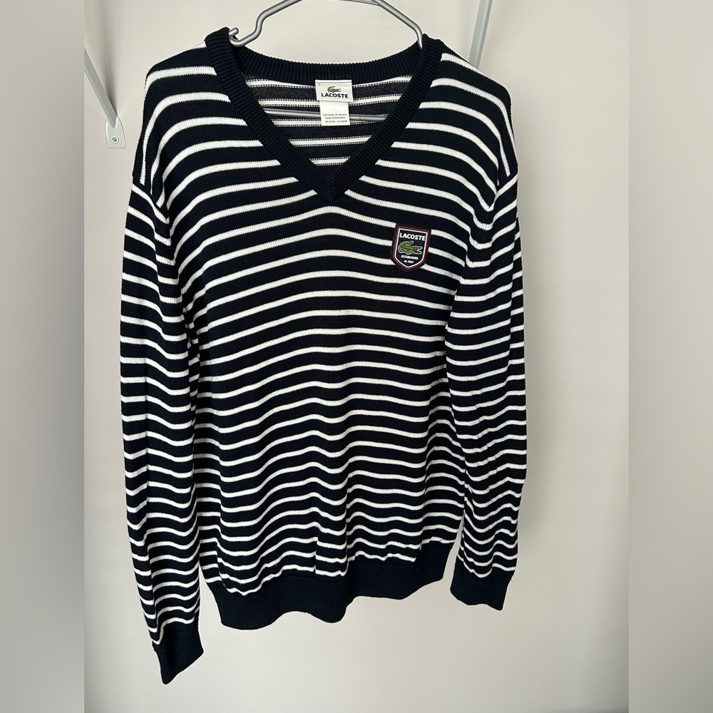 Lacoste Navy and White Striped V-Neck Sweater